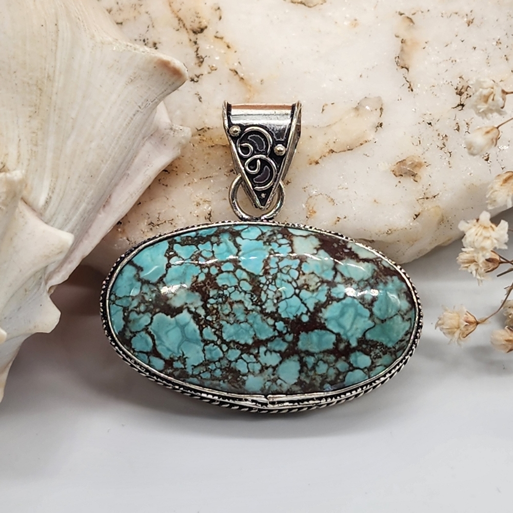 Large Silver 925 Pendant natural Crisocola Stone